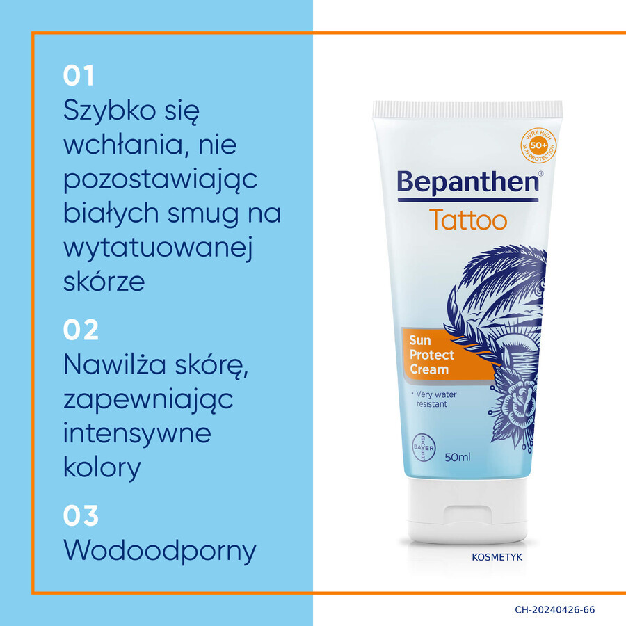 Bepanthen Tattoo, sunscreen for tattooed skin, SPF50+, 50 ml