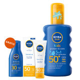 Nivea Sun Kids Protect &amp; Care Set, Spray de protecție pentru copii, SPF 50+, 200 ml + Cremă de protecție pentru față, SPF 50, 50 ml + Loțiune de protecție solară, SPF 30, 30 ml gratuit