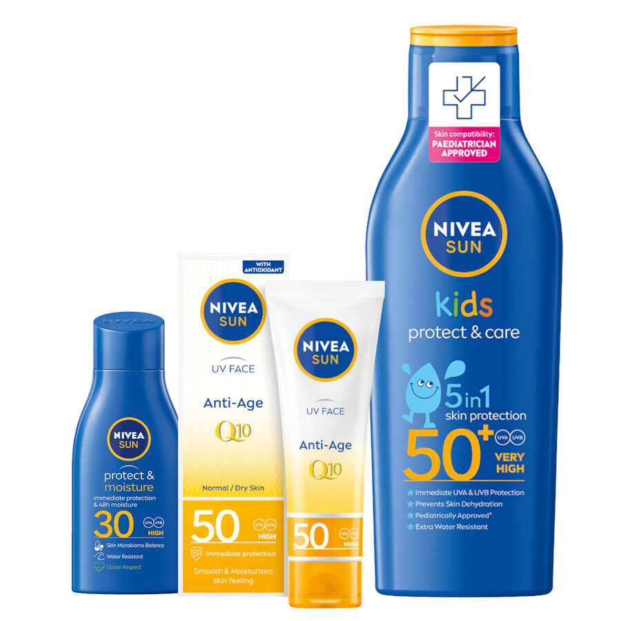 Nivea Sun Kids Protect &amp; Care Set, Zonnebrandcrème 5in1, SPF 50+, 200 ml + Anti-Aging Crème met SPF 50, 50 ml + Zonnebrandcrème, SPF 30, 30 ml gratis