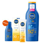 Nivea Sun Kids Protect &amp; Care Set, Zonnebrandcrème 5in1, SPF 50+, 200 ml + Anti-Aging Crème met SPF 50, 50 ml + Zonnebrandcrème, SPF 30, 30 ml gratis