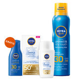 Set Nivea Sun Tripple Protect, fluid pentru față, SPF 50+, 40 ml + loțiune solară spray, SPF 30, 200 ml + loțiune de bronzat, SPF 30, 30 ml gratuit