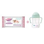 Set Kinder by Nature, salviette umidificate, 56 pezzi + B.Box, bottiglia con cannuccia, Gelato Pistacho, 240 ml