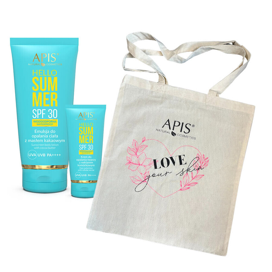 Set Apis Hello Summer, emulsione solare con burro di cacao, SPF 30, 200 ml + crema solare viso, SPF 30, 50 ml + borsa "Ama la tua pelle" in omaggio