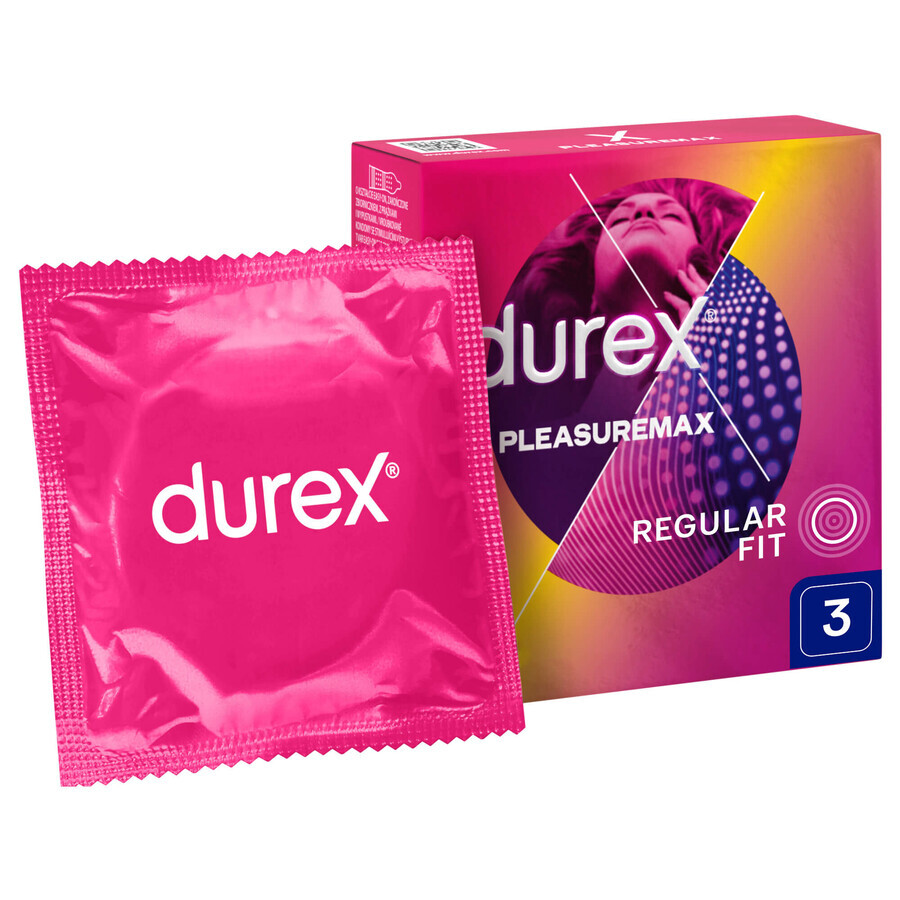 Durex Pleasuremax, preservativi a coste con bordino, 3 pezzi