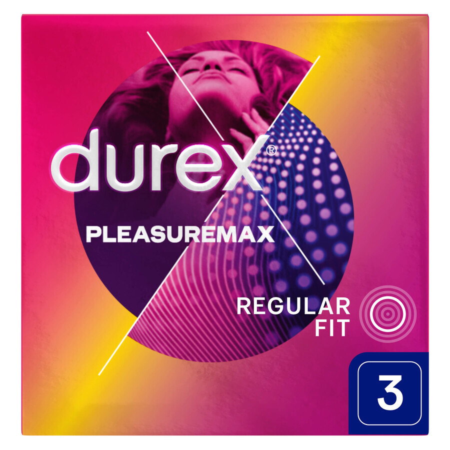 Durex Pleasuremax, preservativi a coste con bordino, 3 pezzi