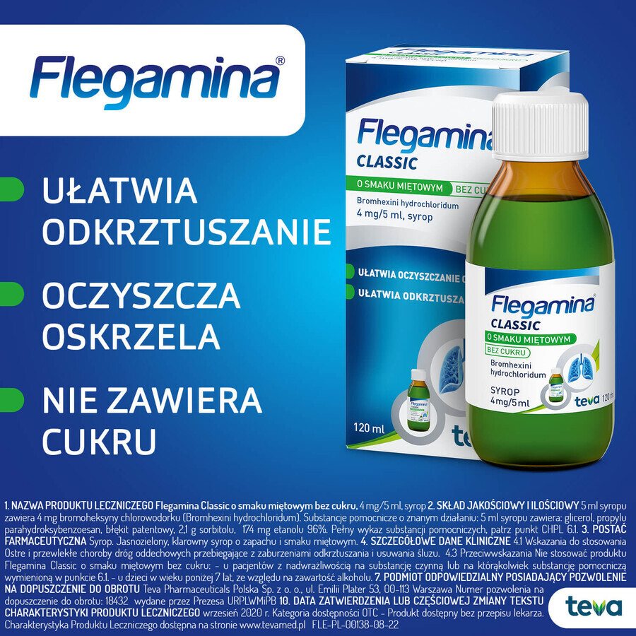 Flegamina Classic cu aromă de mentă fără zahăr 4 mg/ 5 ml, sirop, 120 ml