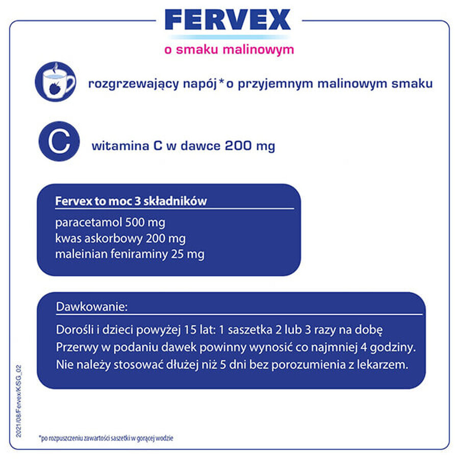 Fervex 500 mg + 200 mg + 25 mg, granulaat voor orale oplossing, frambozensmaak, 8 sachets