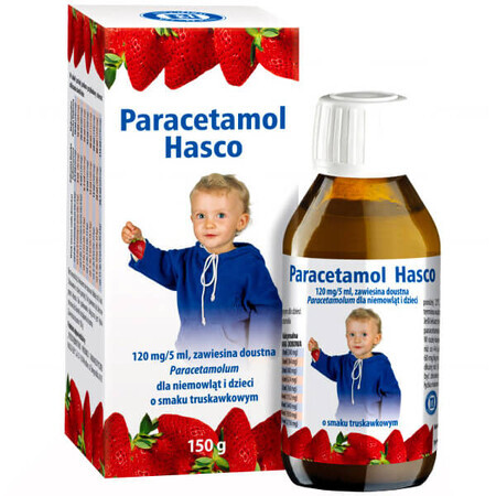 Paracetamol Hasco 120 mg/ 5 ml, orale suspensie voor kinderen vanaf de geboorte, aardbeiensmaak, 150 g