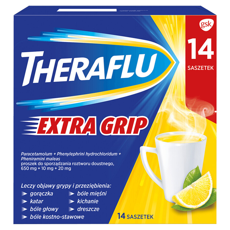 Theraflu Extra Grip 650 mg + 10 mg + 20 mg, poeder voor orale oplossing, 14 sachets