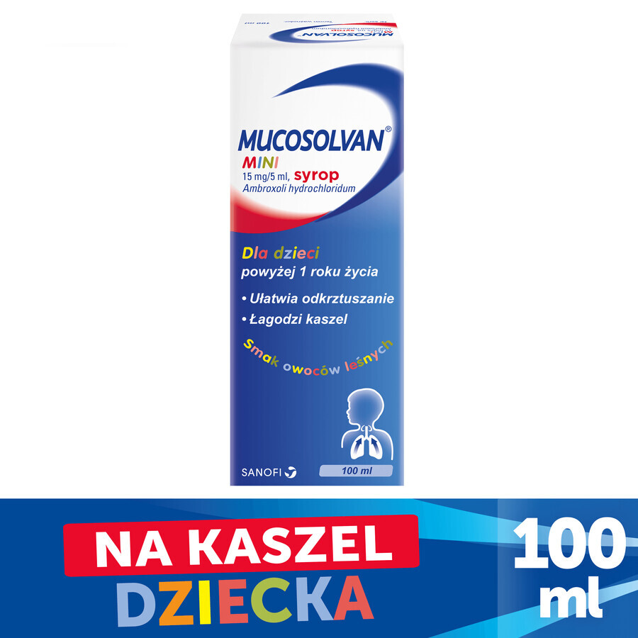 Mucosolvan Mini 15 mg/5 ml, jarabe para niños mayores de 1 año, sabor a frutas del bosque, 100 ml