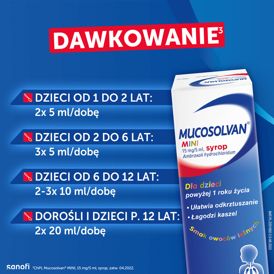 Mucosolvan Mini 15 mg/5 ml, jarabe para niños mayores de 1 año, sabor a frutas del bosque, 100 ml