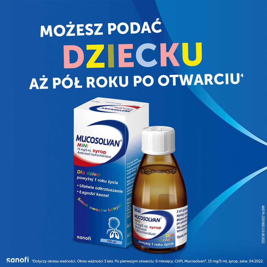 Mucosolvan Mini 15 mg/5 ml, jarabe para niños mayores de 1 año, sabor a frutas del bosque, 100 ml