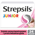 Strepsils Junior 1,2 mg + 0,6 mg, suikervrij, aardbeiensmaak, 24 zuigtabletten