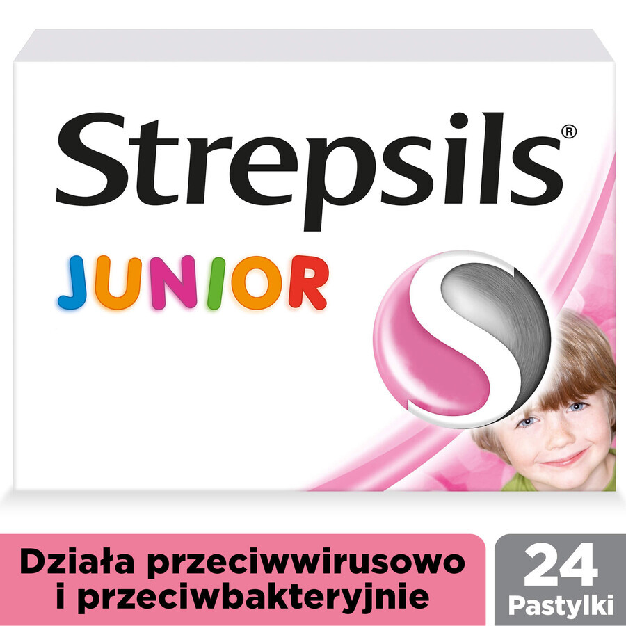 Strepsils Junior 1,2 mg + 0,6 mg, suikervrij, aardbeiensmaak, 24 zuigtabletten