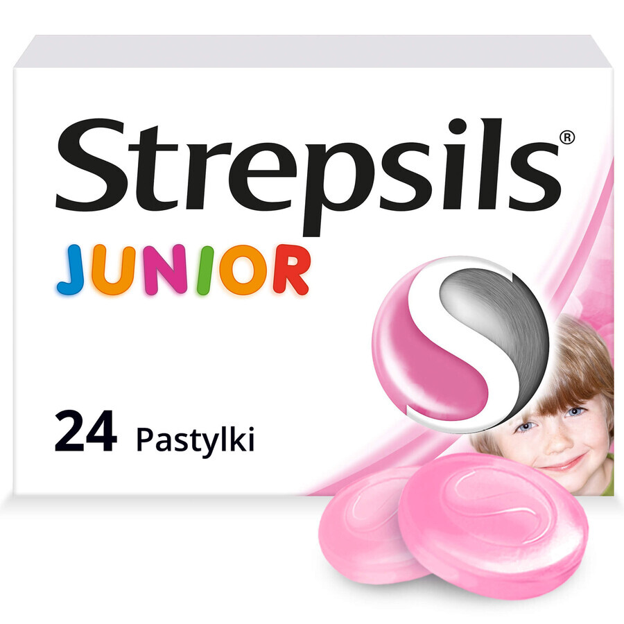 Strepsils Junior 1,2 mg + 0,6 mg, suikervrij, aardbeiensmaak, 24 zuigtabletten