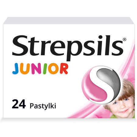 Strepsils Junior 1,2 mg + 0,6 mg, suikervrij, aardbeiensmaak, 24 zuigtabletten