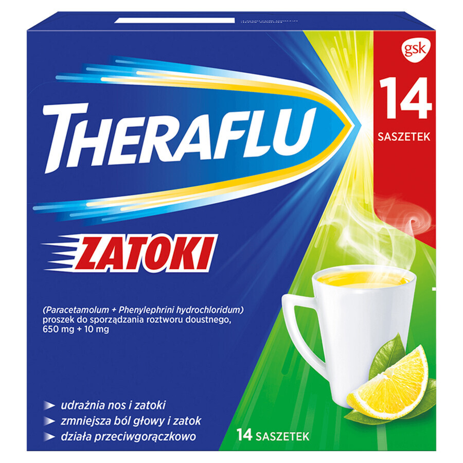 Theraflu Zatoka 650 mg + 10 mg, polvo para solución oral, 14 sobres