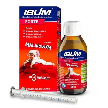 Ibum Forte 200 mg/ 5 ml, suspensie orală pentru copii de la vârsta de 3 luni, aromă de zmeură, 100 g