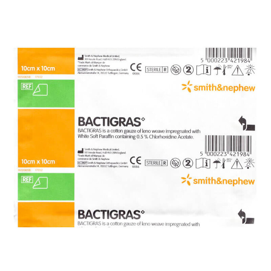 Bactigras, paraffine wasverband, steriel, 10 cm x 10 cm, 1 stuk