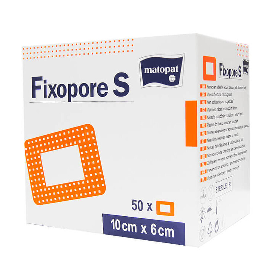 Matopat Fixopore S, zelfklevend verband, vlies, steriel, met absorberend kompres, 10 cm x 6 cm, 50 stuks