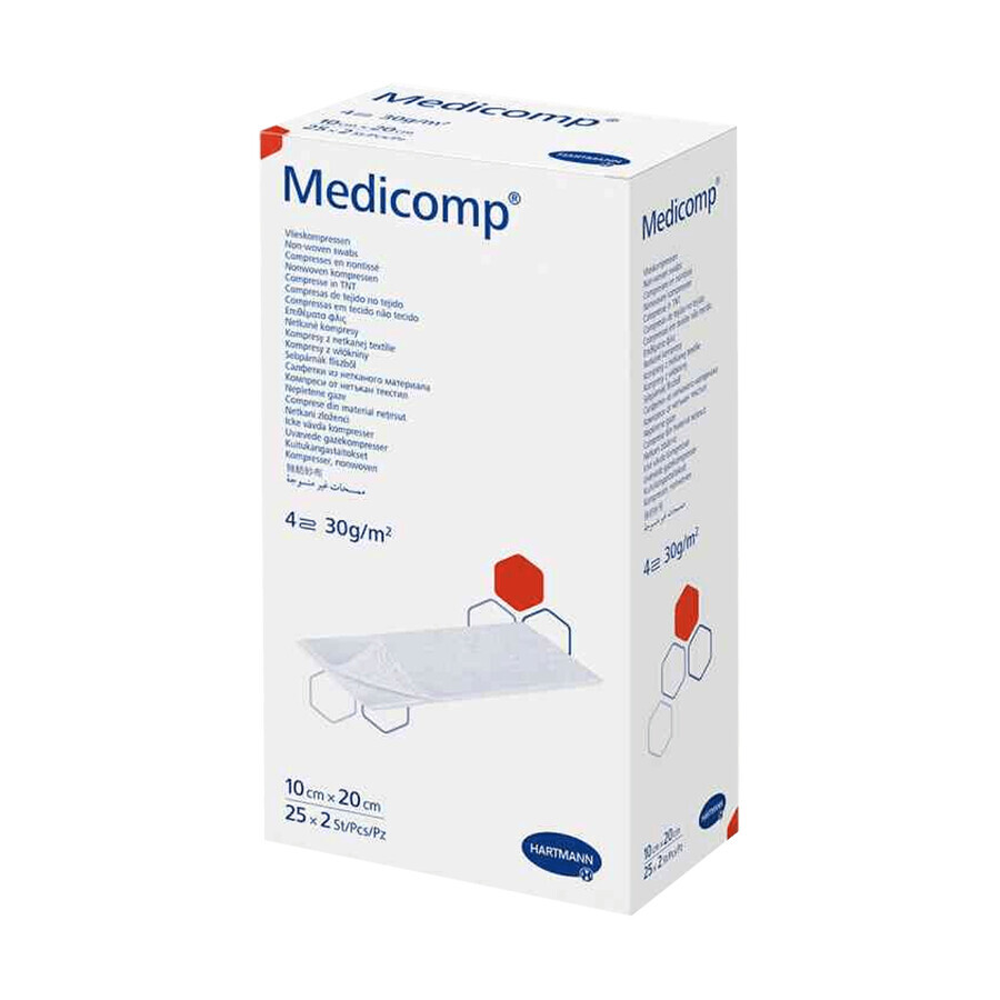 Medicomp, compresse sterili in tessuto non tessuto, 4 strati, 30 g/m2, 10 cm x 20 cm, 50 pz.