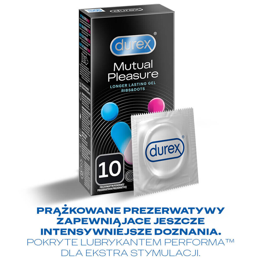 Durex Mutual Pleasure, condooms met glijmiddel, geribbeld met bies, 10 stuks