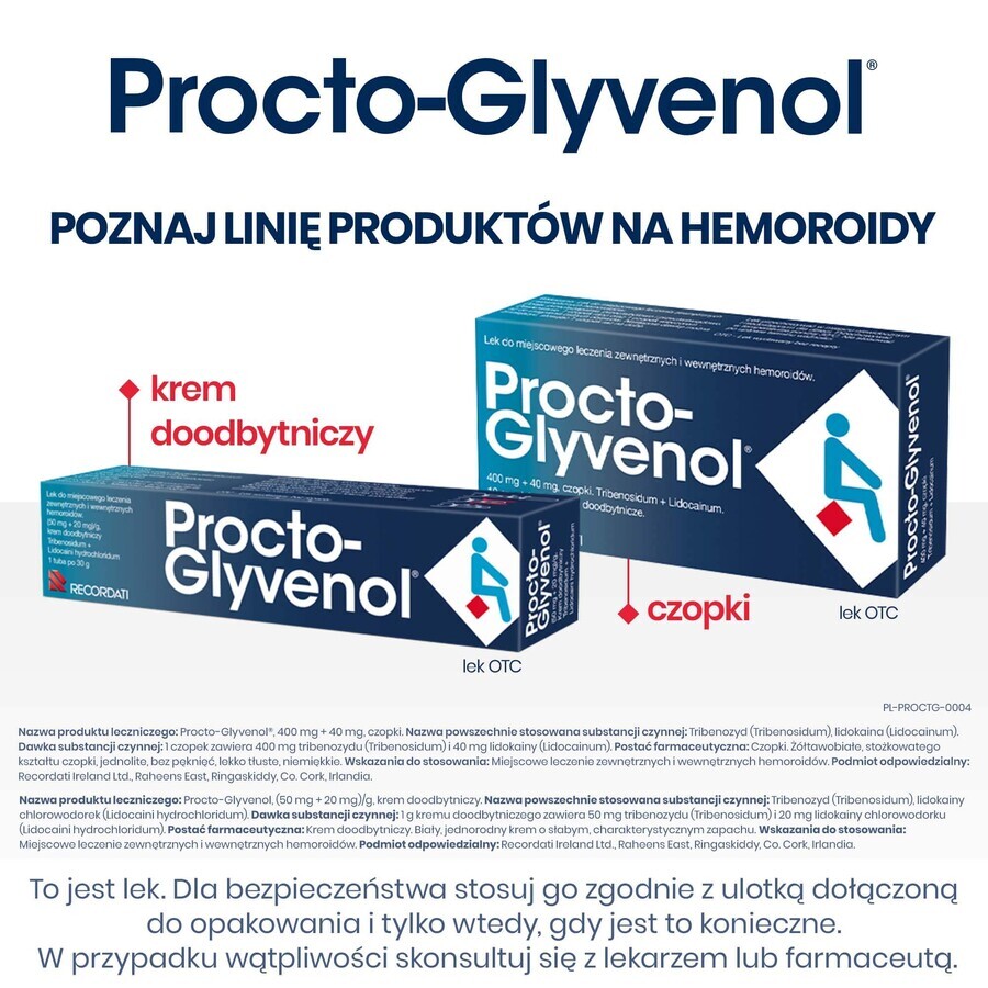 Procto-Glyvenol 400 mg + 40 mg, suppositories, 10 pieces