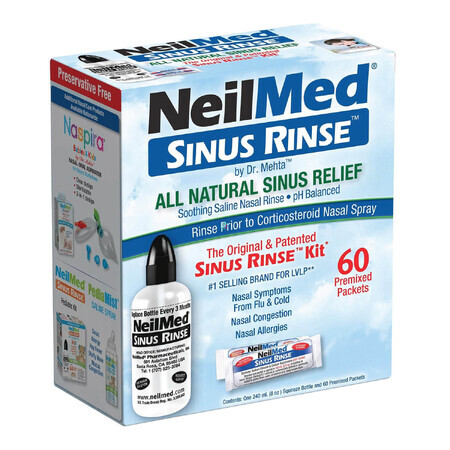 Sinus Rinse Kit, set voor sinusspoeling voor volwassenen, fles van 240 ml + 60 builtjes