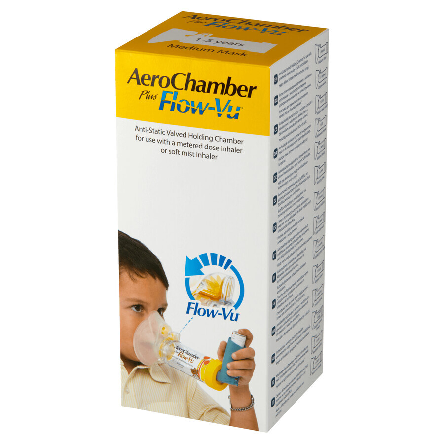 AeroChamber Plus Flow-Vu, Inhalationskammer mit Maske für Kinder, 1-5 Jahre, Medium, 1 Stück