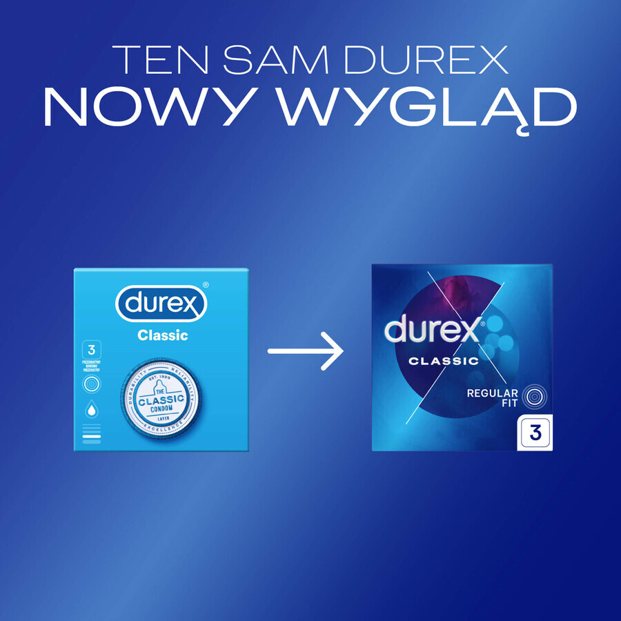 Durex Classic, preservativi classici lisci, 3 pezzi