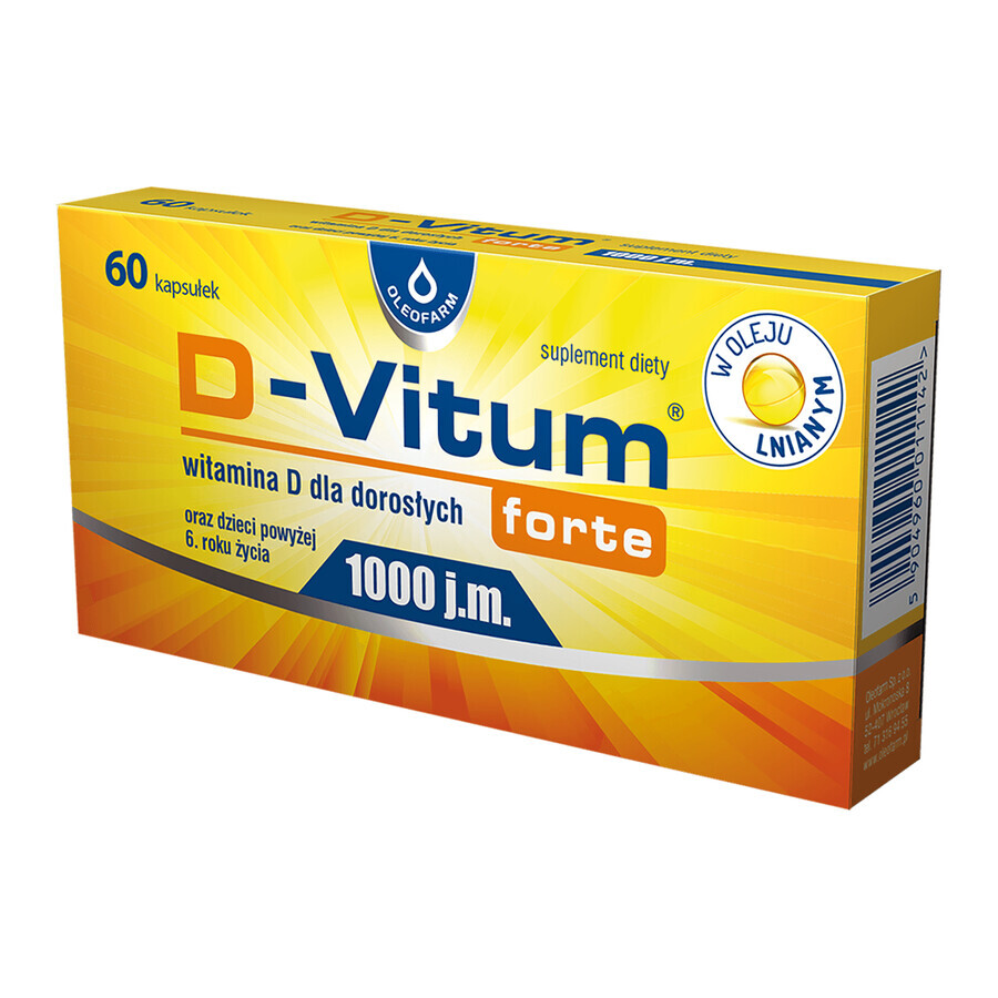 D-Vitum Forte 1000 IU, vitamine D pour adultes et enfants de plus de 6 ans, 60 gélules