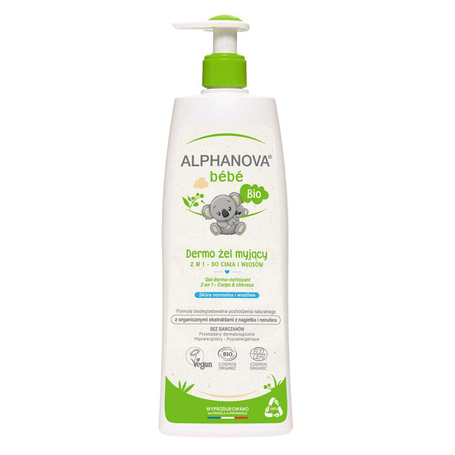 Alphanova Bebe, dermo-gel voor het wassen van lichaam en haar, natuurlijk, met pomp, 500 ml