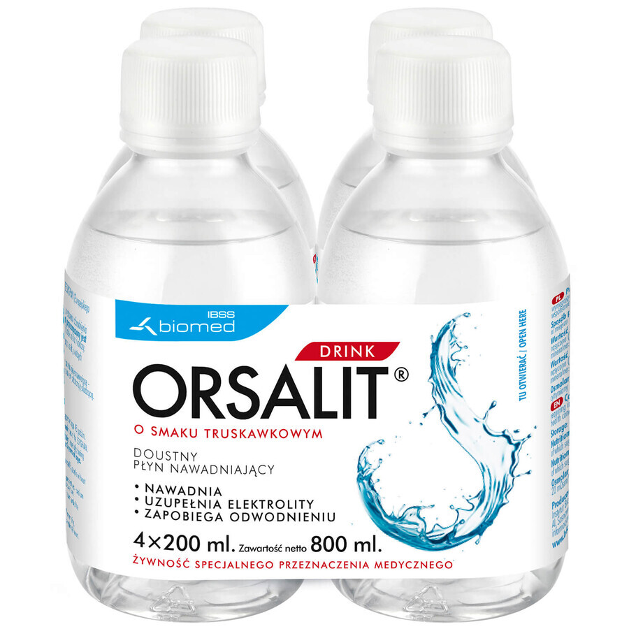 Orsalit Drink, rehydraterende orale vloeistof voor kinderen vanaf 3 jaar, aardbeiensmaak, 4 x 200 ml