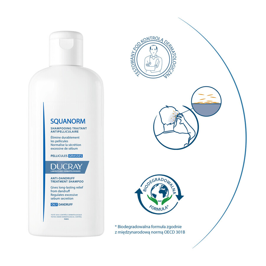 Ducray Squanorm, shampoo antiforfora, forfora grassa, 200 ml