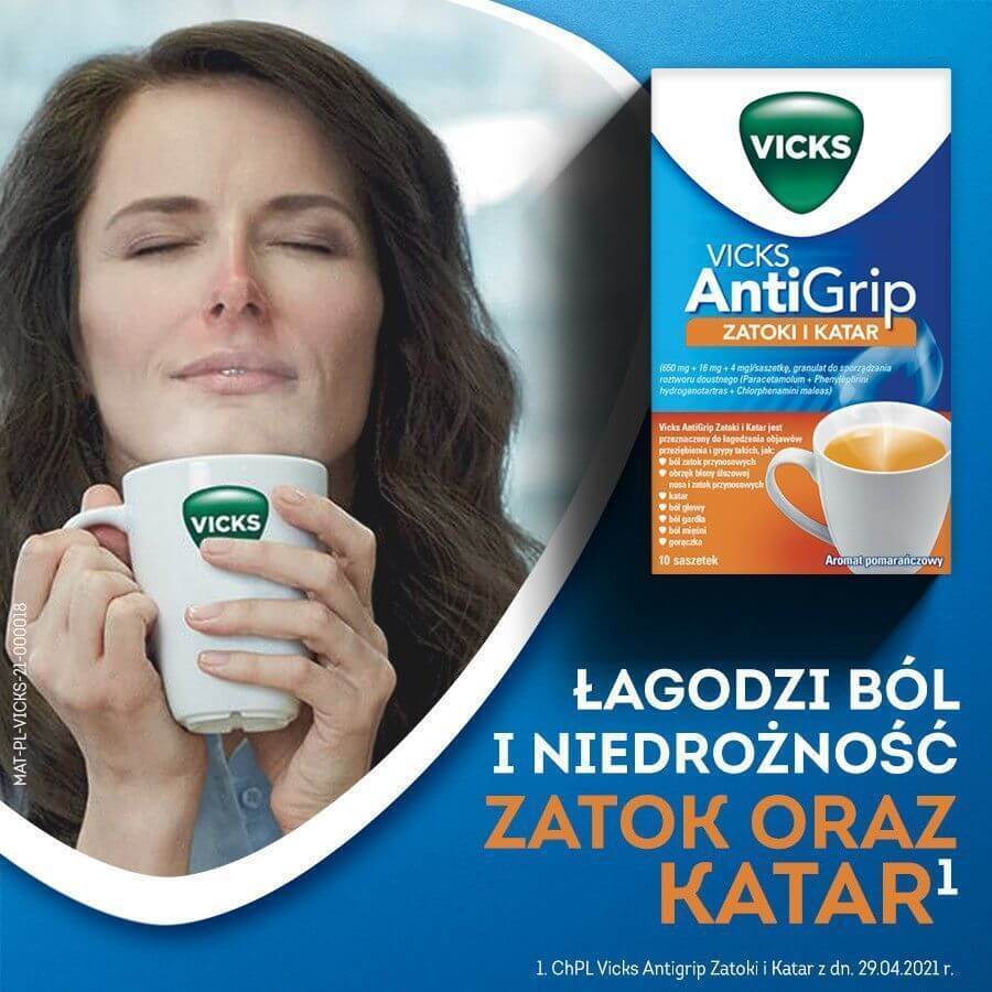 Vicks AntiGrip Zatoki i Katary 650 mg + 16 mg + 4 mg, granule pentru soluție orală, 10 pliculețe