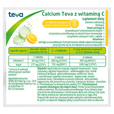 Calcium Teva avec vitamine C, arôme orange, 14 comprimés effervescents