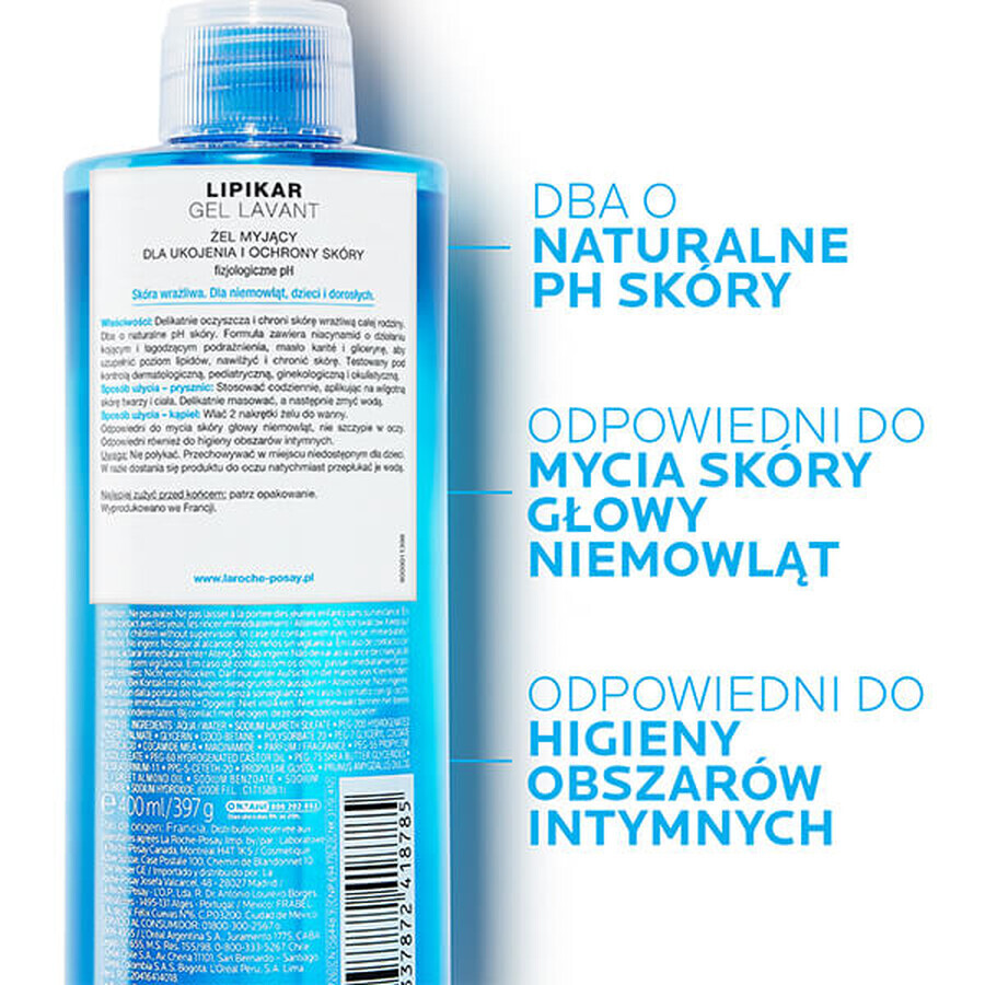 La Roche-Posay Lipikar, gel detergente per lenire e proteggere la pelle, 400 ml