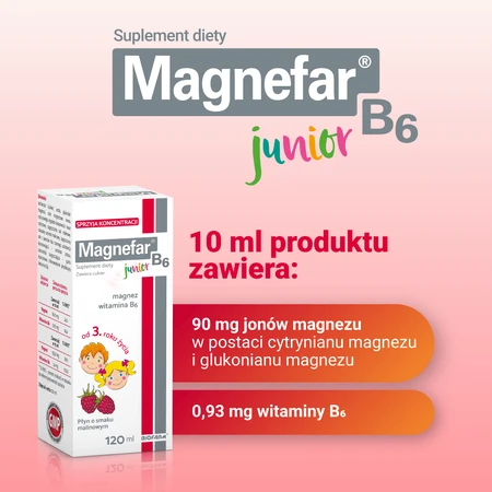 Magnefar B6 Junior, liquido per bambini da 3 anni e adulti, gusto lampone, 120 ml