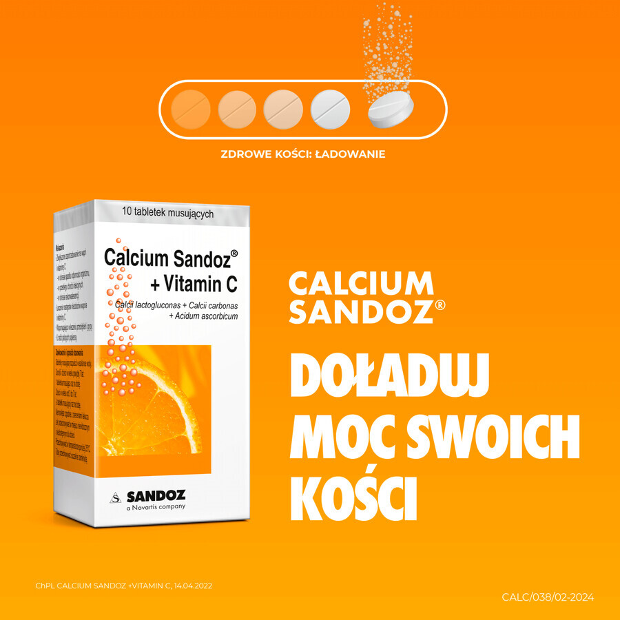 Calcium Sandoz + Vitamina C 260 mg + 1000 mg, sinaasappelsmaak, 10 bruistabletten