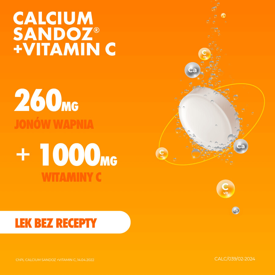 Calcium Sandoz + Vitamina C 260 mg + 1000 mg, sinaasappelsmaak, 10 bruistabletten