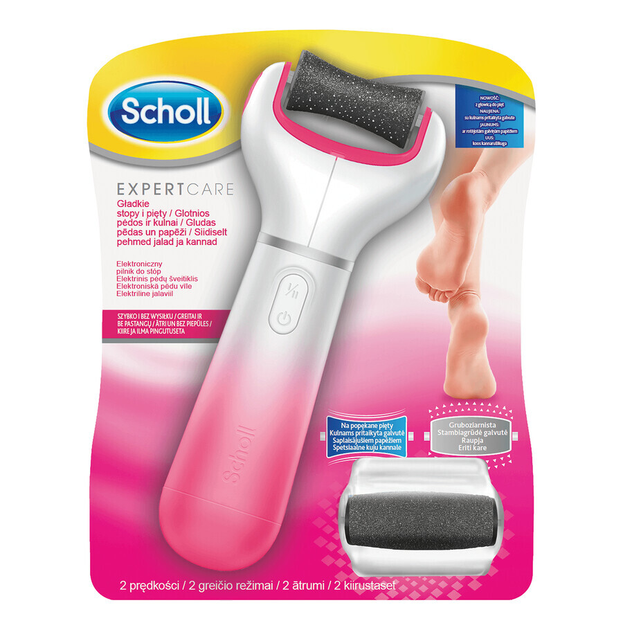 Scholl Expert Care Battery Powered Electronic Foot File with Cracked Heel Head and Coarse Grit Replacement Head Pink 1pc