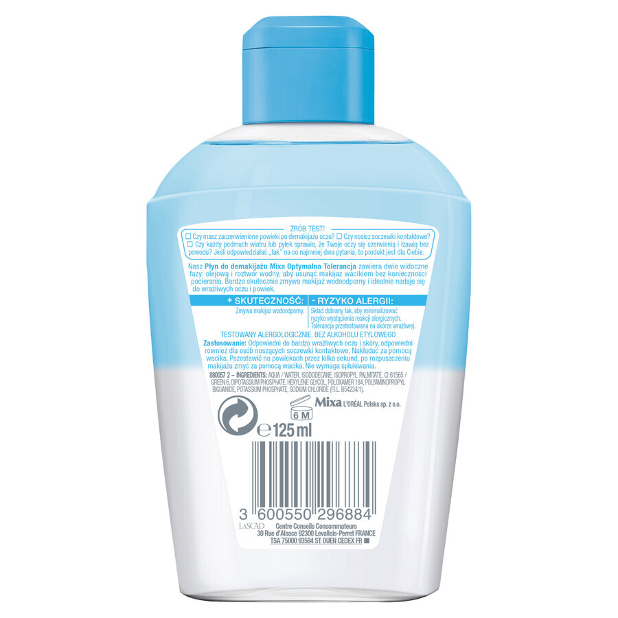 Mixa Optimal Tolerance, oogmake-up remover, zeer gevoelige ogen, 125 ml