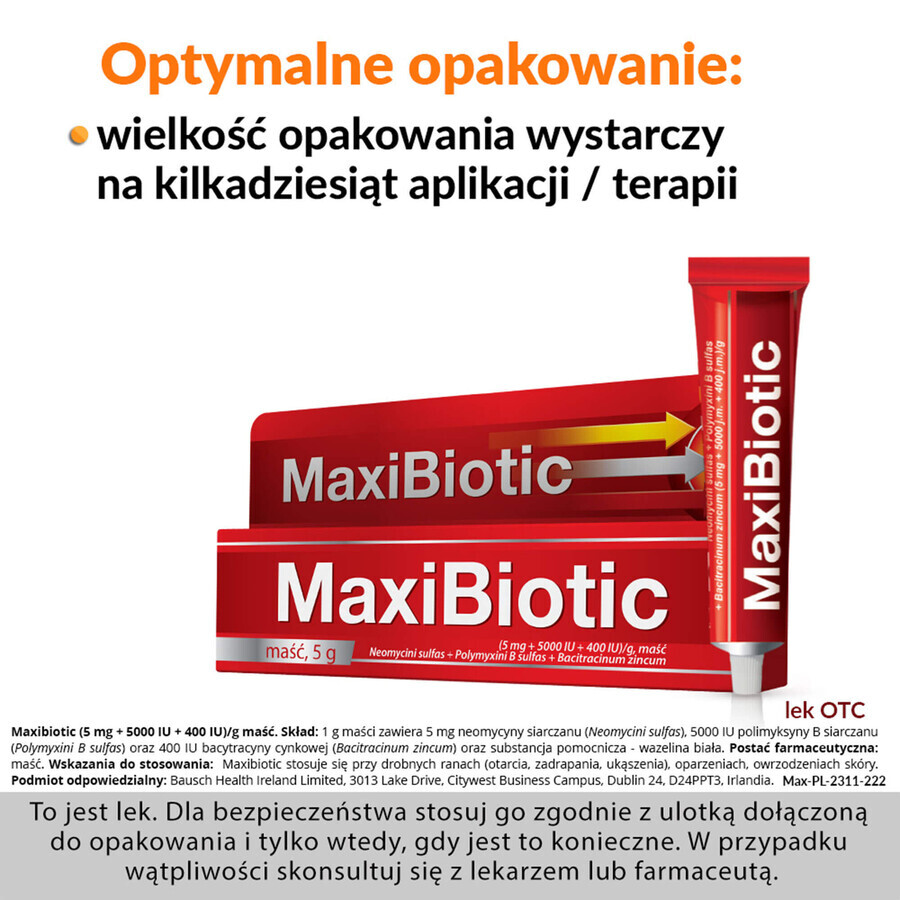 Maxibiotic (5 mg + 5000 UI + 400 UI)/g, zalf, 5 g