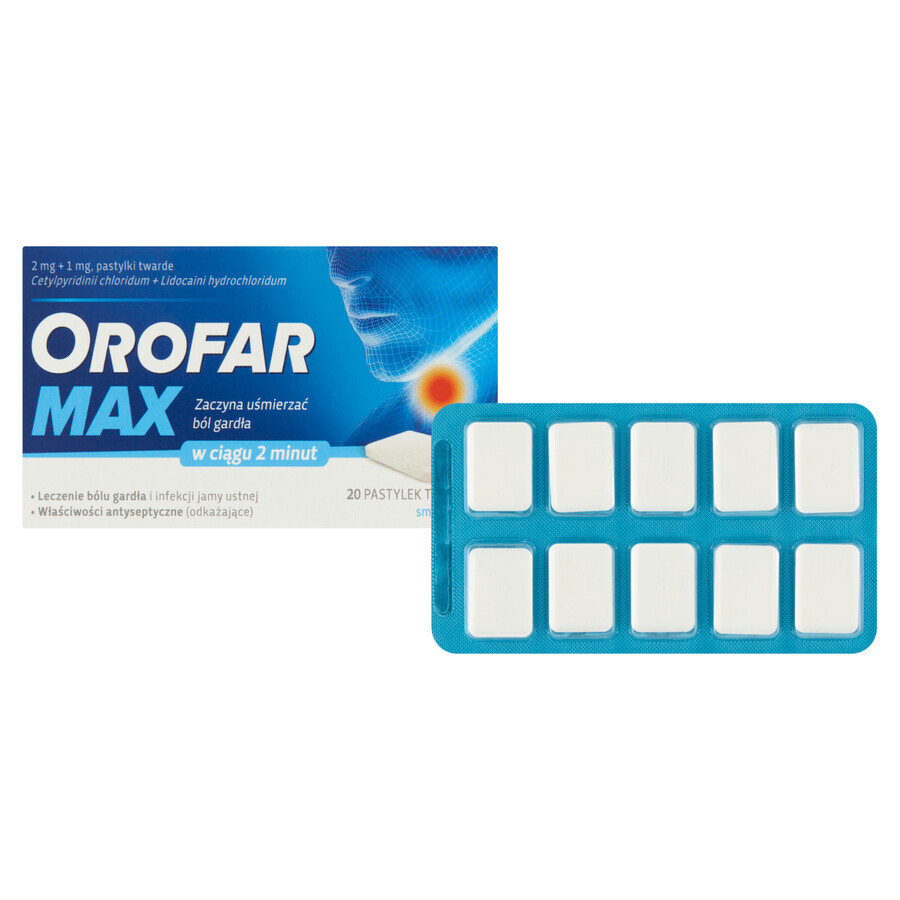 Orofar Max 2 mg + 1 mg, Minzgeschmack, 20 harte Lutschtabletten