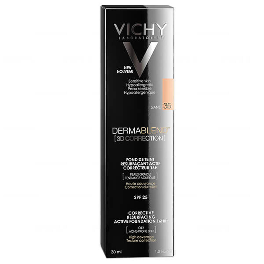 Vichy Dermablend Correzione 3D, fondotinta livellante della superficie cutanea, n. 35, Sabbia, 30 ml