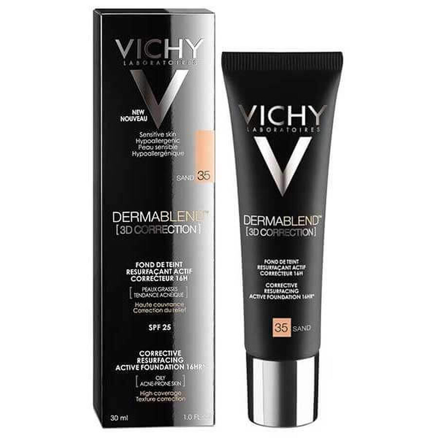 Vichy Dermablend Correzione 3D, fondotinta livellante della superficie cutanea, n. 35, Sabbia, 30 ml