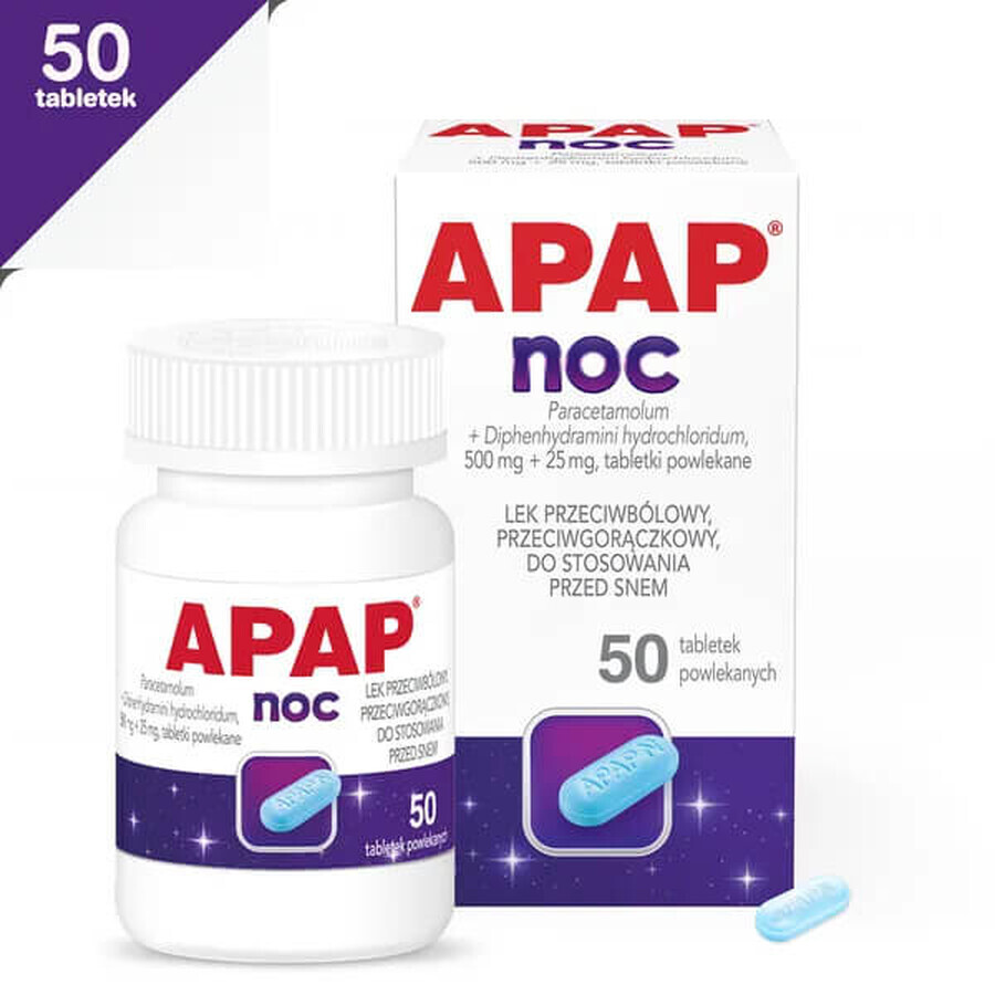 Apap Night 500 mg + 25 mg, 50 filmomhulde tabletten