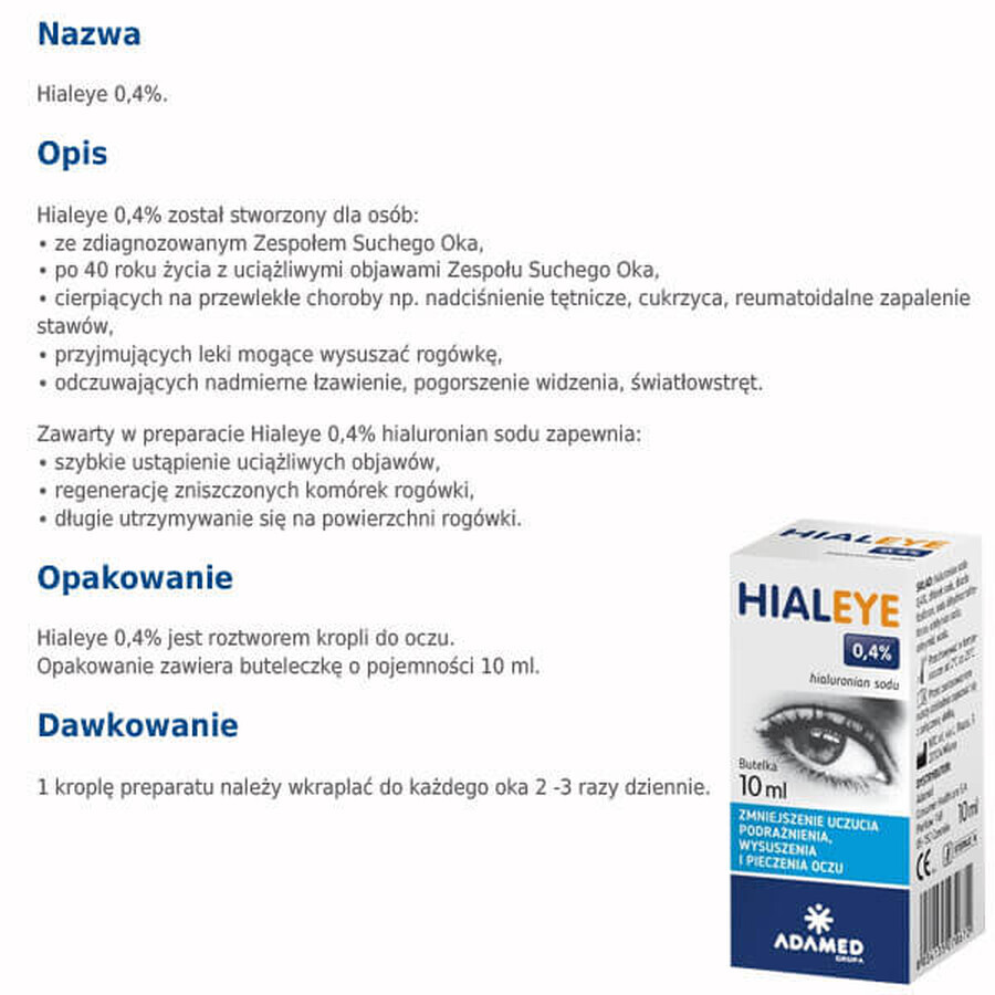 Hialeye 0,4%, hydraterende oogdruppels, 10 ml