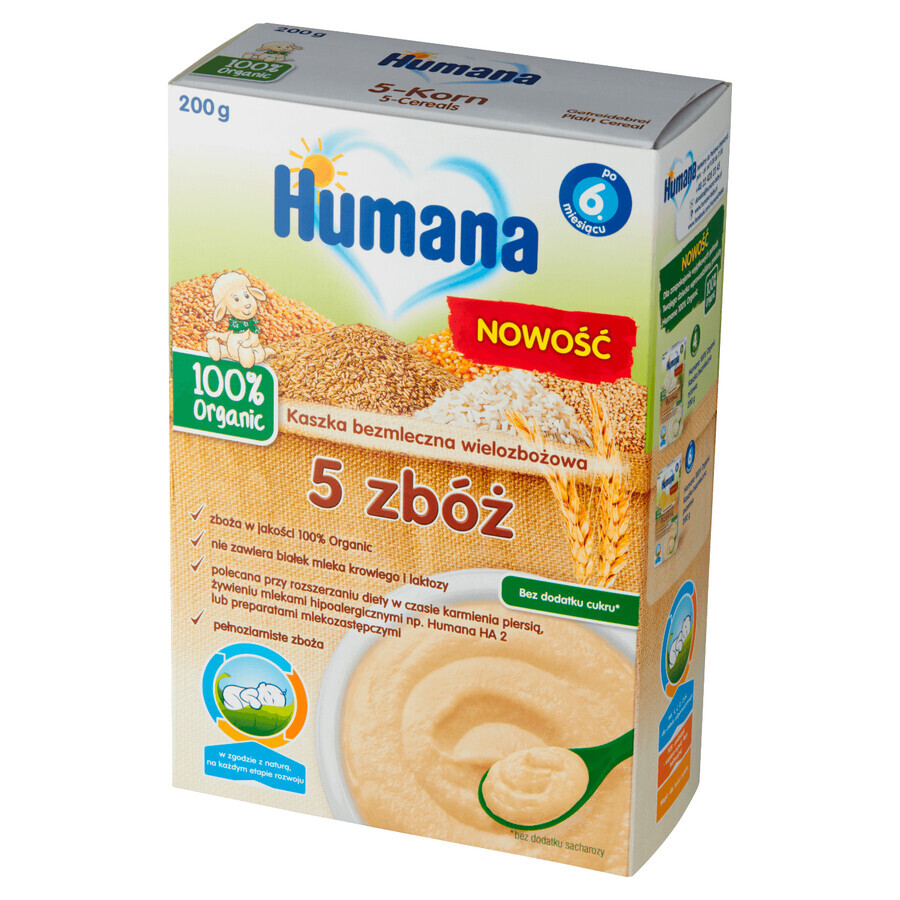 Humana 100% Biologische pap 5 granen, zuivelvrij, zonder toegevoegde suiker, na 6 maanden, 200 g