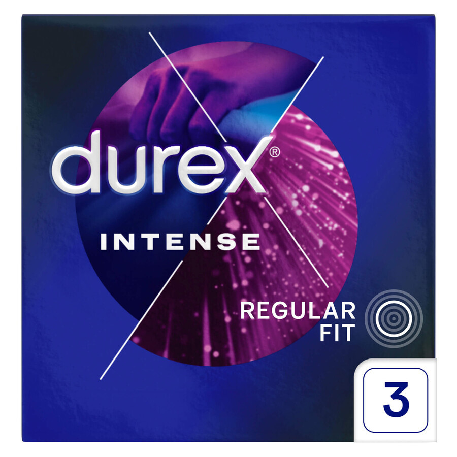 Durex Intense, condooms met stimulerende gel, geribbeld met bies, 3 stuks